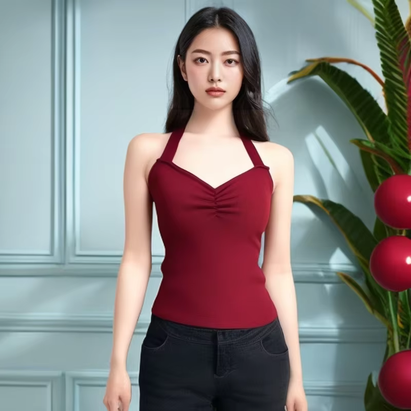 Hong Kong Style Vintage Red V-neck Slim-fitting tank Tops for Women in Summer Sexy Club Style Eco-friendly Breathable Fabric