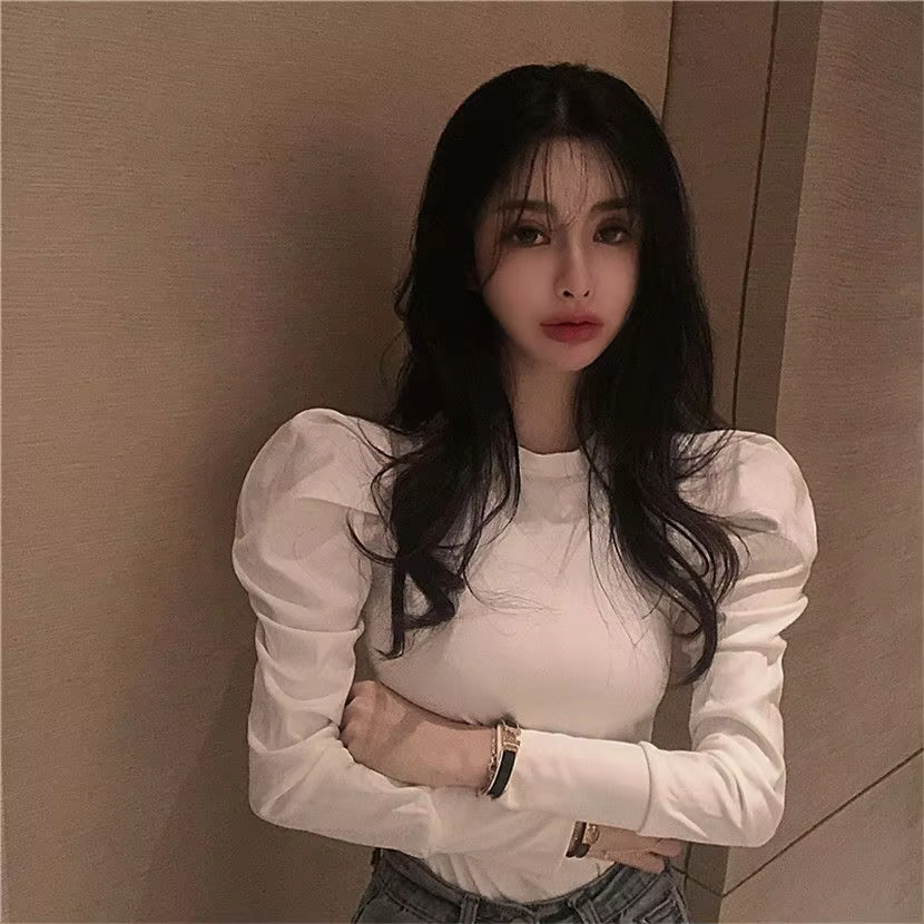 Slim-fitting New Style Spring and Autumn Internet Celebrity T-shirt for Women with Puffed Sleeves Base Shirt Slim-fitting Top