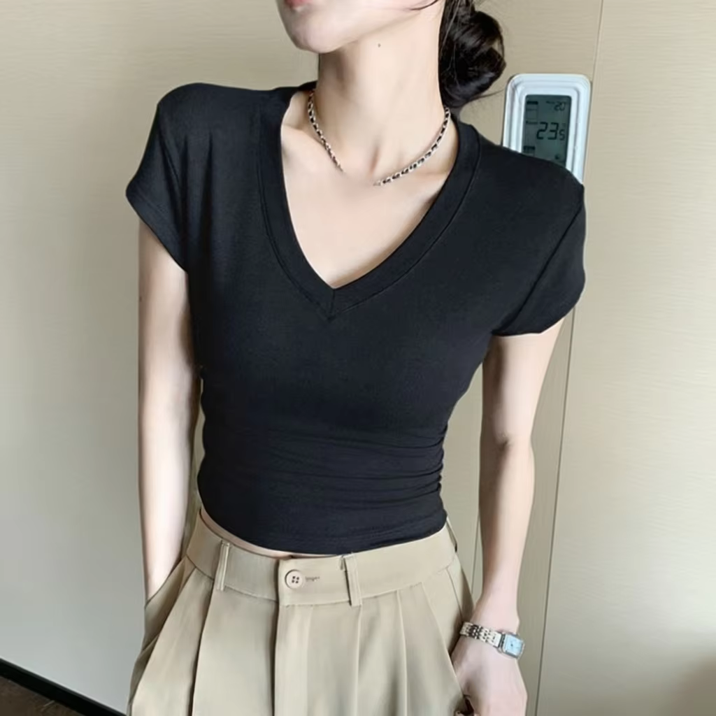 Summer Breathable Casual Solid V-neck Short Sleeve Slim Fit Women's T-shirt