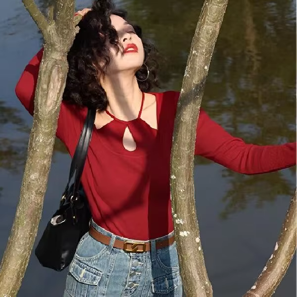 Vintage Hong Kong Style Hanging Neck Strap Full Sleeve Breathable Short Women's Sexy Backing T-Shirt