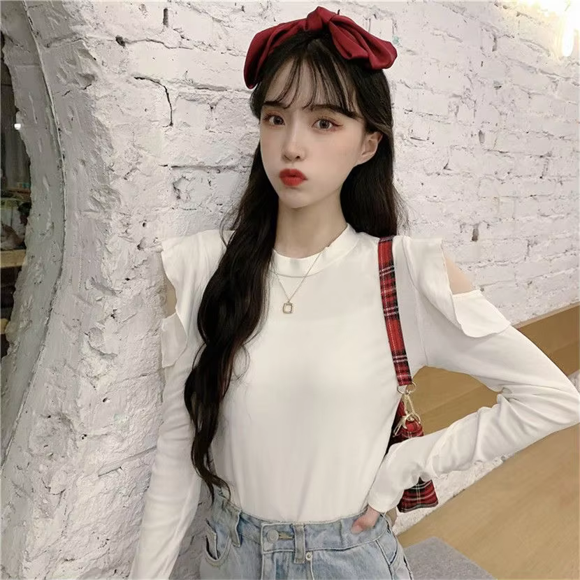 Spring Autumn Winter Women's Slim Fit Sweet Solid Student Stylish Breathable Cotton Spandex off Shoulder Long Sleeve Top Trendy