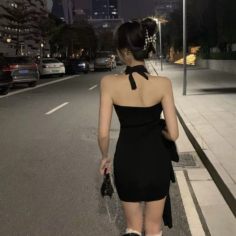 New Style Halter Neck Breathable Eco-friendly Sexy Club Dress Feminine Design Mini Bodycon Slimming Little Black Dress